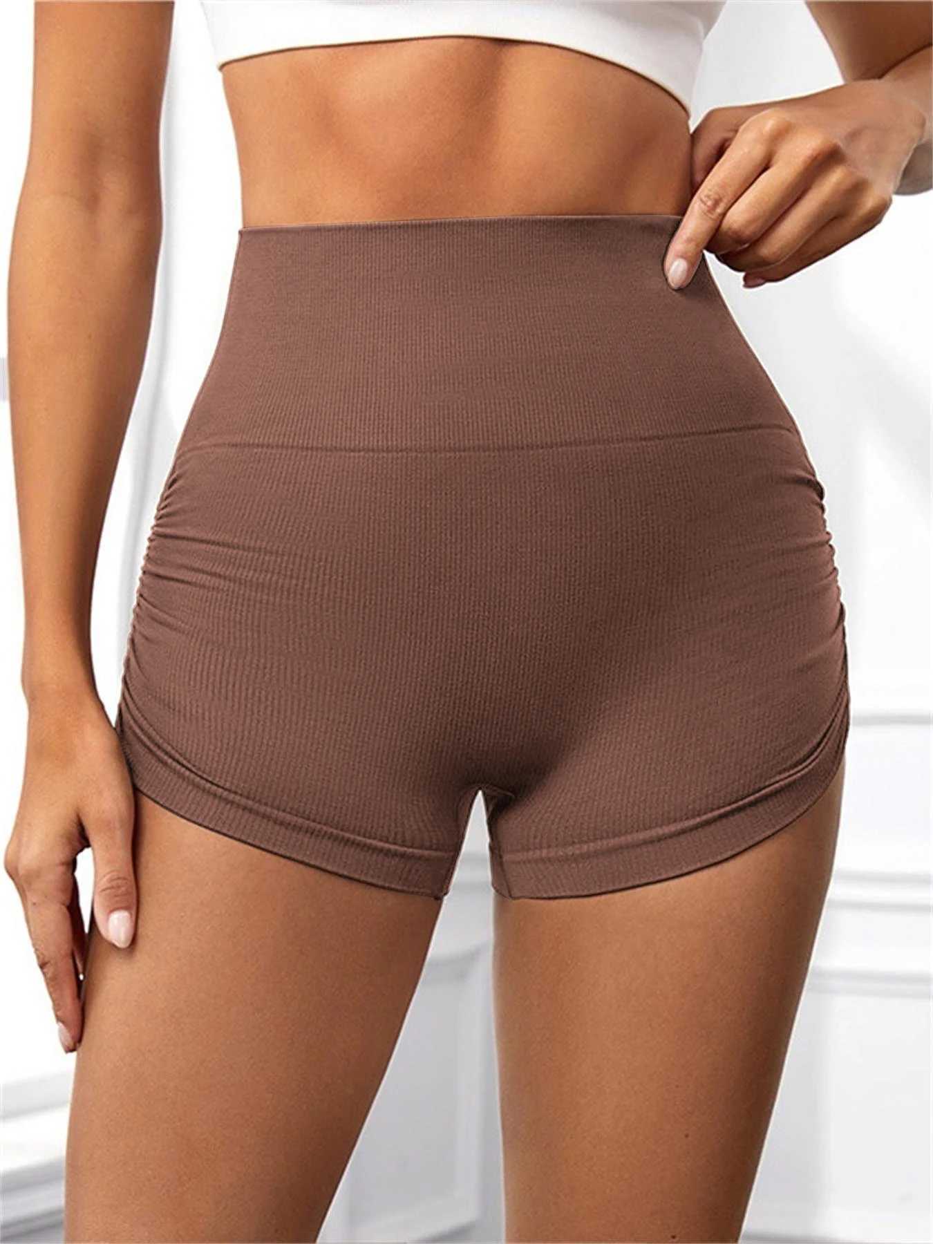 Summer peak but fitness shorts womens sports three quarter pants solid color pleated yoga pants High bounce hip lift leggings Y250412