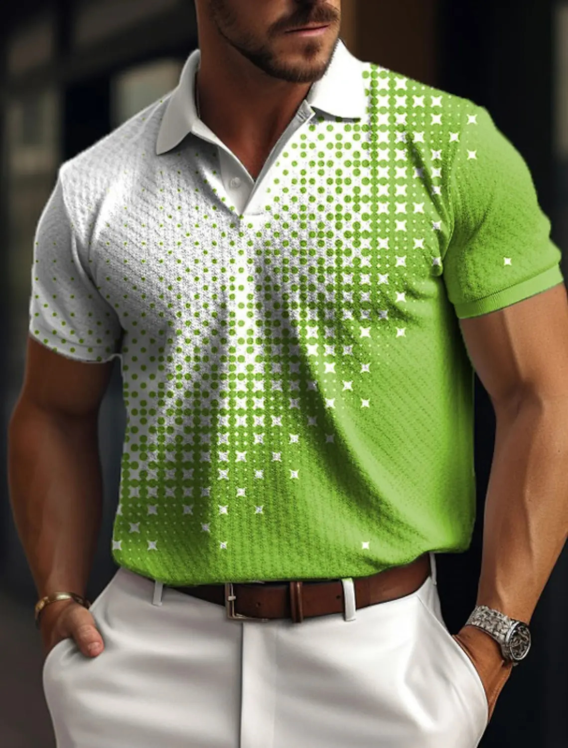 Mens polo shirt with buttons polo collar golf shirt plain weave pattern geometric street casual mesh fabric short sleeved 250409