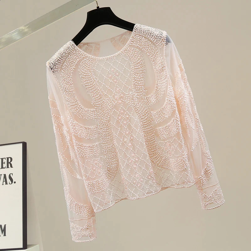 Autumn 2color retro sequin bead straight Oneck long sleeved slim fit casual womens Tshirt 8075 250407
