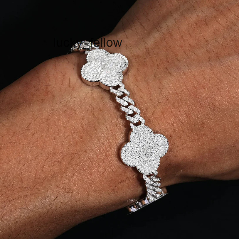 Mens Hip Hop Gold Plated Bling Cuban Bracelet Moissanite Diamond Lucky Clover Bracelet Iced Out Four Leaf Clover Cuban Bracelet