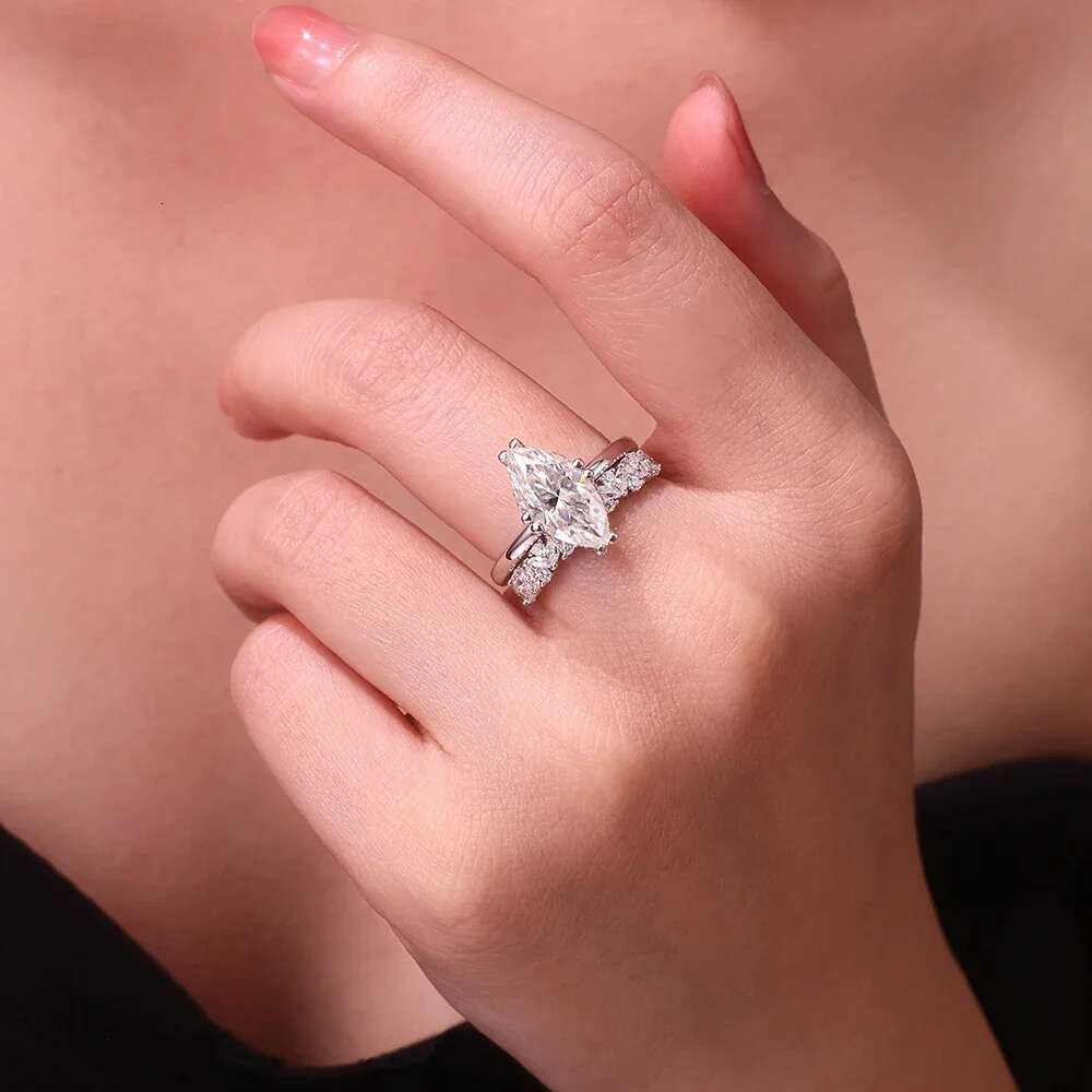 Full Moissanite Stackable Engagement Rings with Certificate Marquise Cut Diamond 925 Sterling Silver Bridal Rings Sets for Women