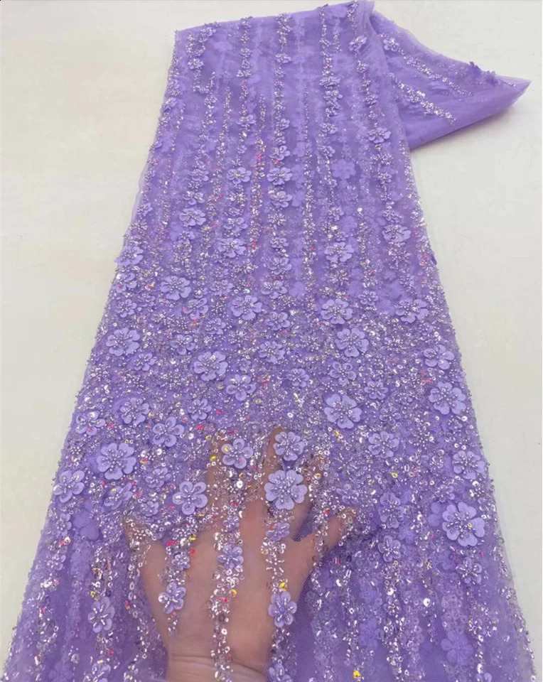 African Lace Fabric 2025 High Quality French 3D Flower Sequins Embroidery Beads Tulle Lace Fabric For Party Dress 250407