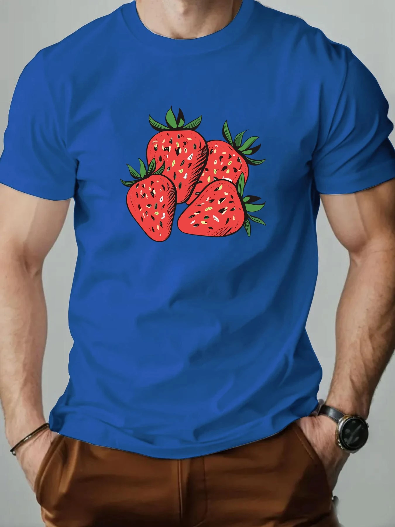 Mens Tshirt Strawberry Summer Pattern Printed Fashion Casual Sports Round Neck High Quality Clothing 250408