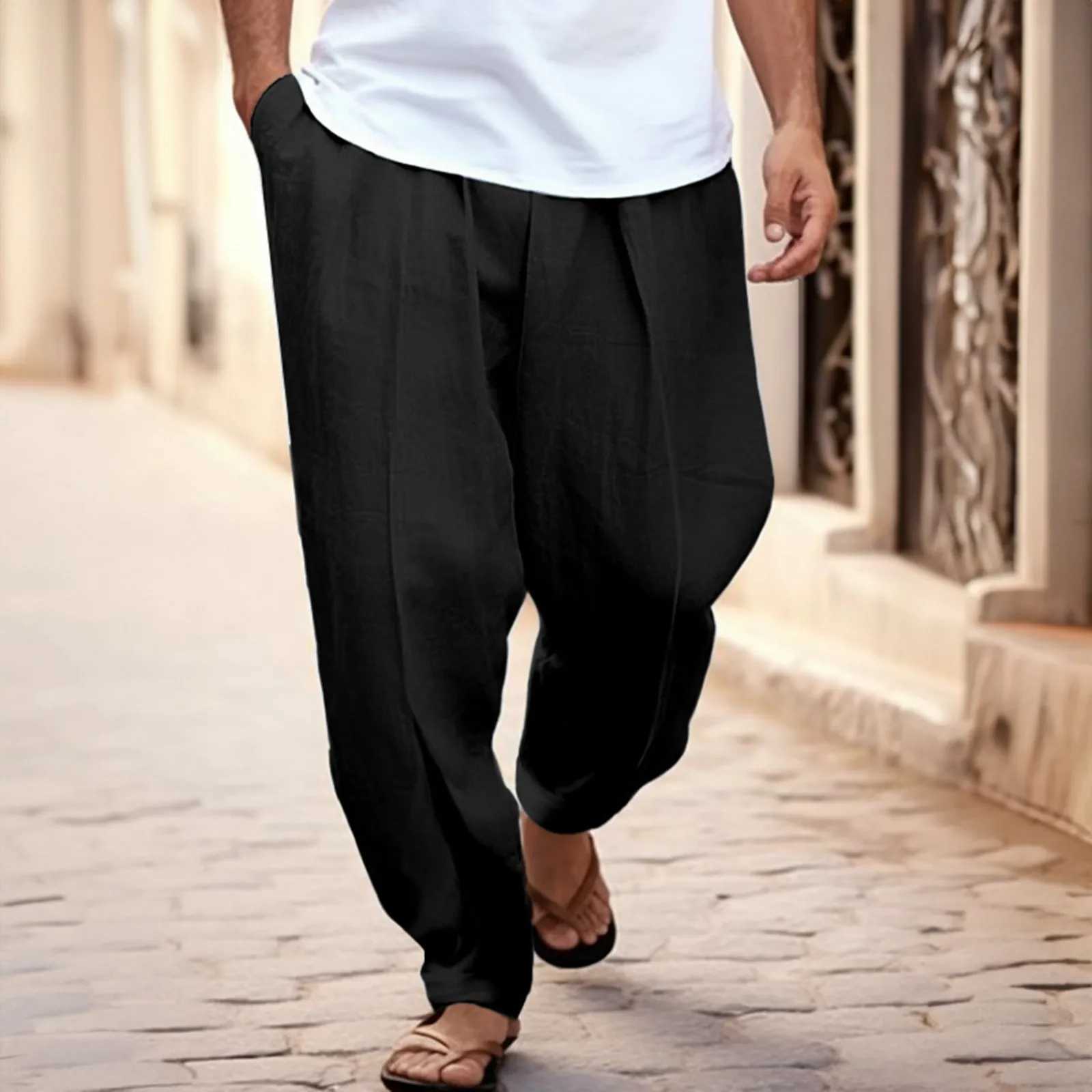 Mens solid casual pocket front pocket folding wide leg pants elastic waist belt loose pants mens loose casual pantsXJ250412