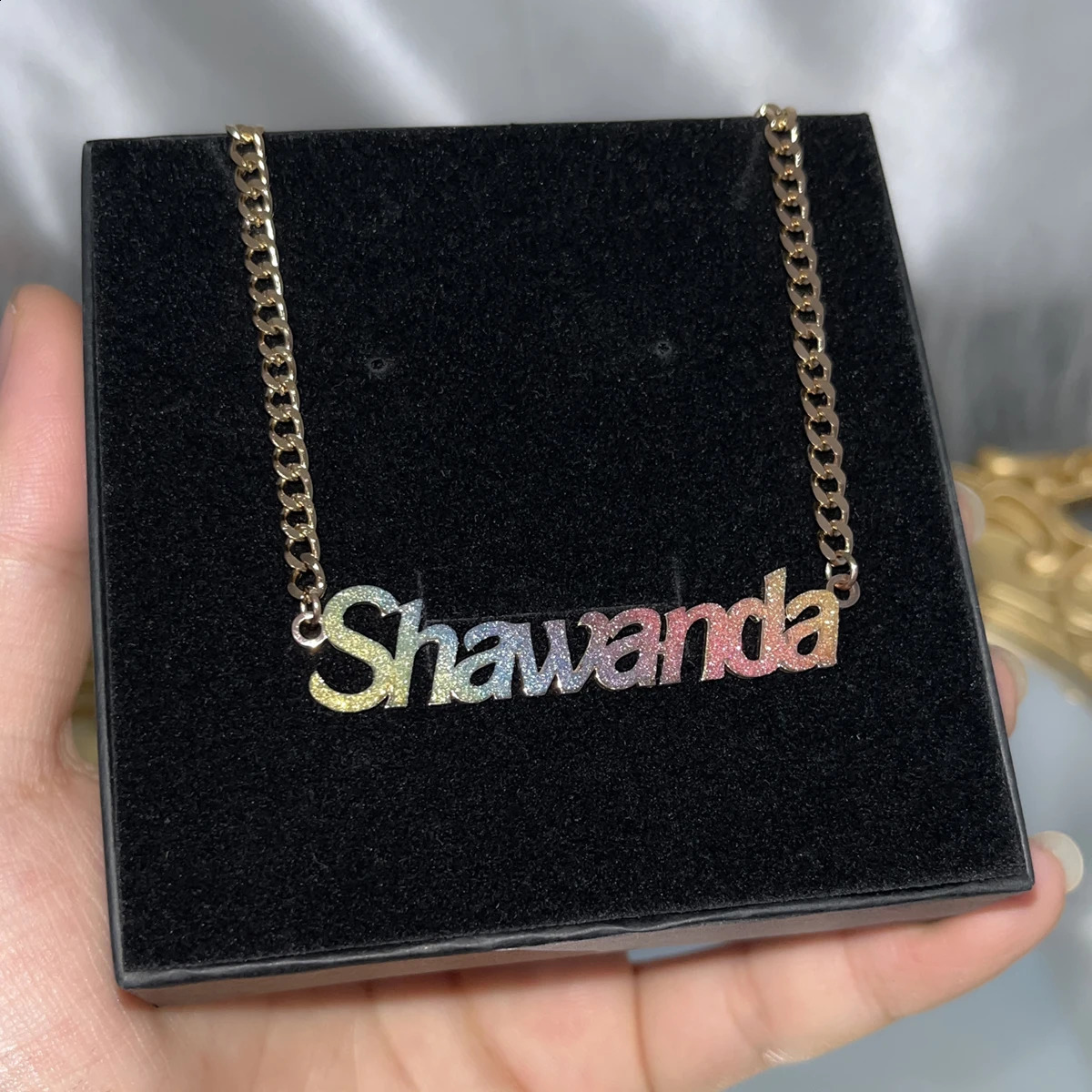 Customized Name Necklace Name Necklace Color Stickers Pendant Stainless Steel Cuban Chain Necklace Personalized Jewelry Gift 250409
