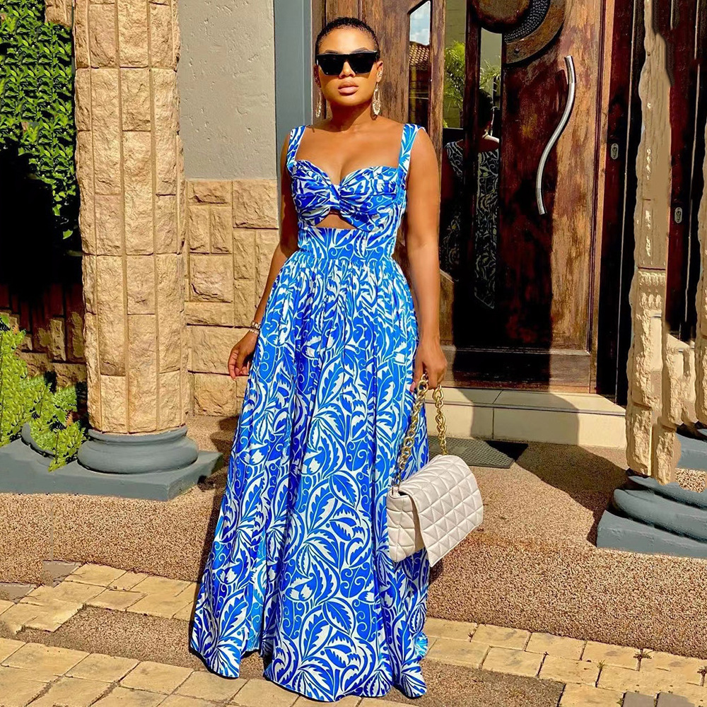 S9307 2025 Summer New Womens Fashion Sexy Dress with Strap Printed Open Skirt