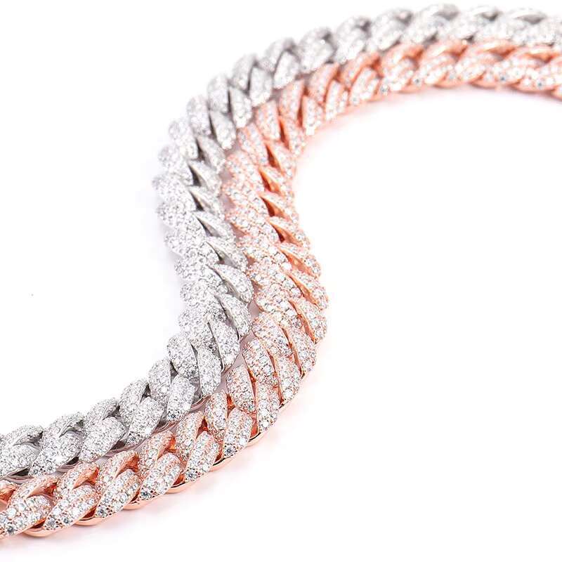 10mm Trendyy Hip-Hop 925 Silver 18K Rose Gold Plated Cuban Necklace Full Stone Bracelet Moissanite Double Row Beveled Edge