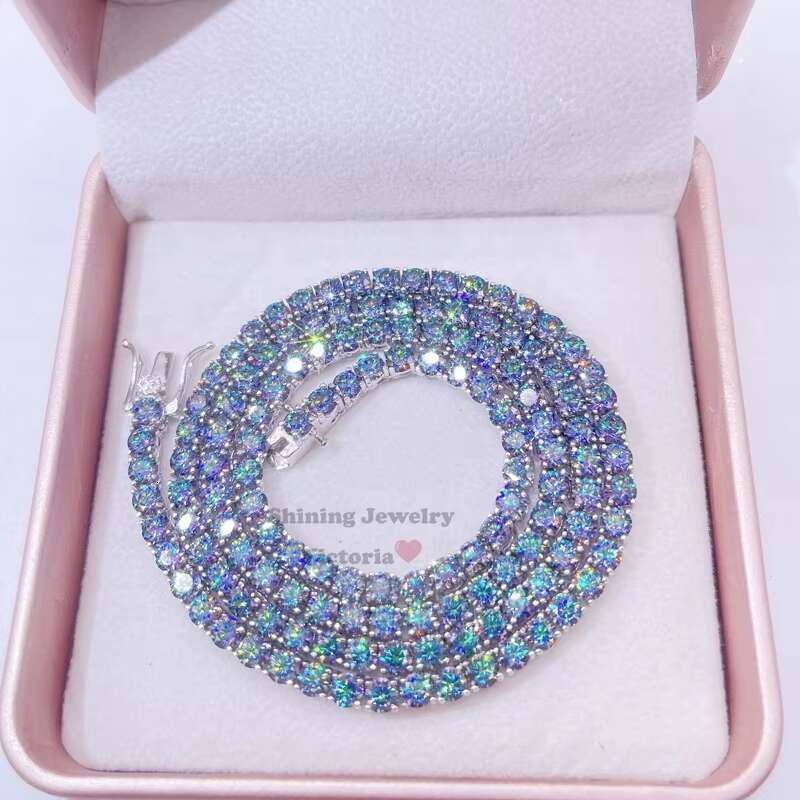 GRA Certificated 3mm 4mm Sterling Silver rainbow Topaz Coated Moissanite Cluster Necklace