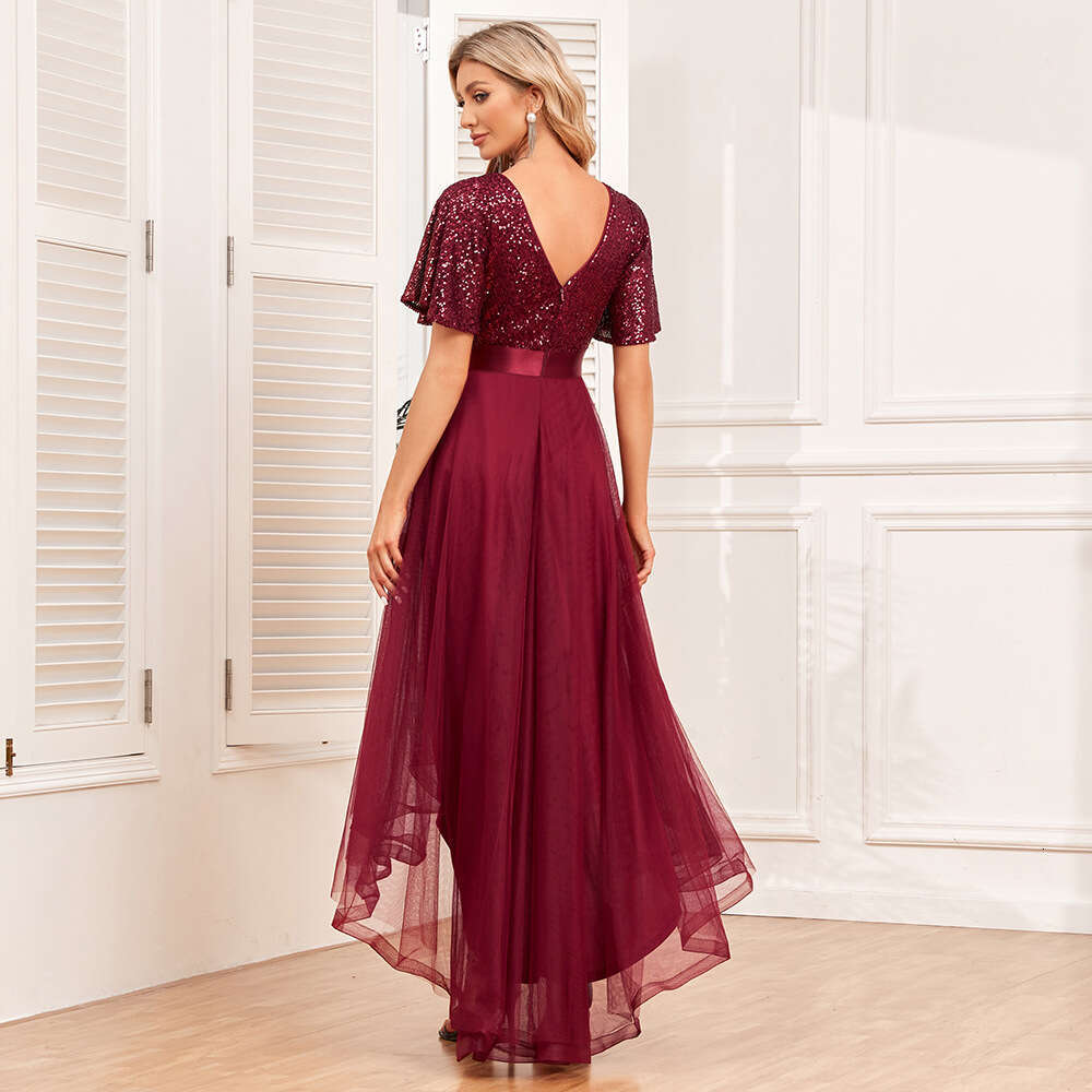 Designer New Elastic Waist Patchwork Elegant V-Neck Ruffled Short Sleeved Evening Dress With Loose Chiffon And Irregular Long Skirt
