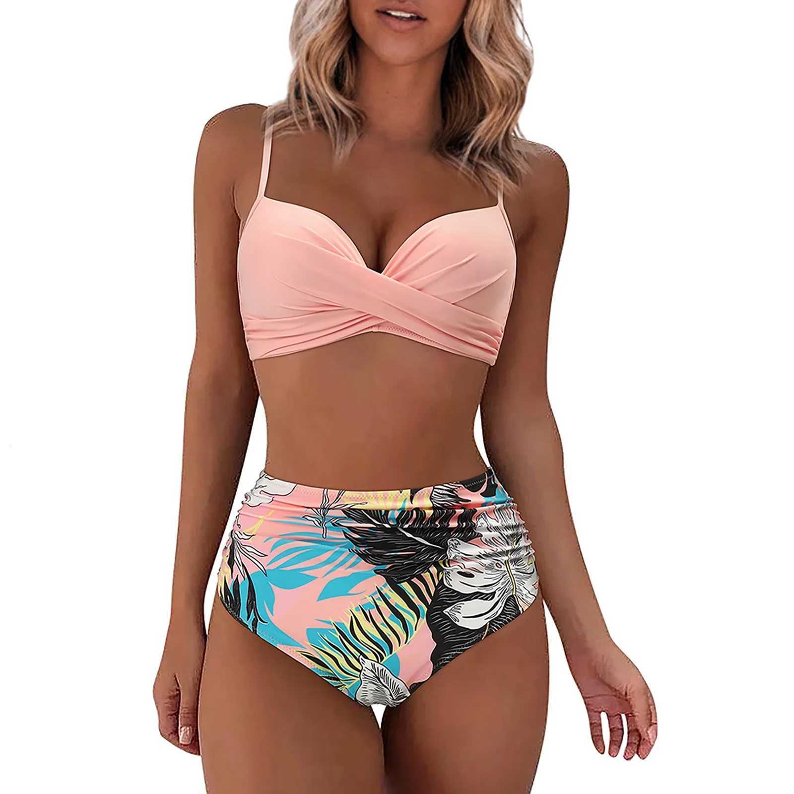 Spring And Summer Sexy Based Print Split High Waist Bikini Swimsuit For Women Two Piece Solid Color Swimwear 2024 Woman Push UpW251113