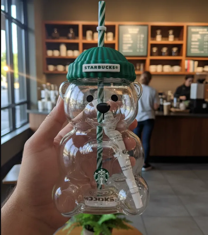 20oz Star bucks Glass Bear Cup With Straw Cute Transparent Tumbler With Hat For Iced Coffee Cold Drink Christmas Gift Bearista 2025 Limited Edition New