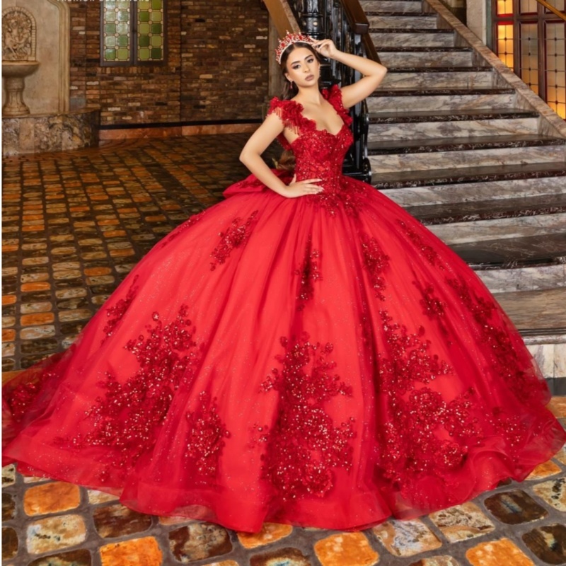 Red Quinceanera Dresses Off Shoulder Ball Gown Sweet 16 Dress Applique Lace Bow Beads Tull Birthday Party Vestidos 15 De Anos