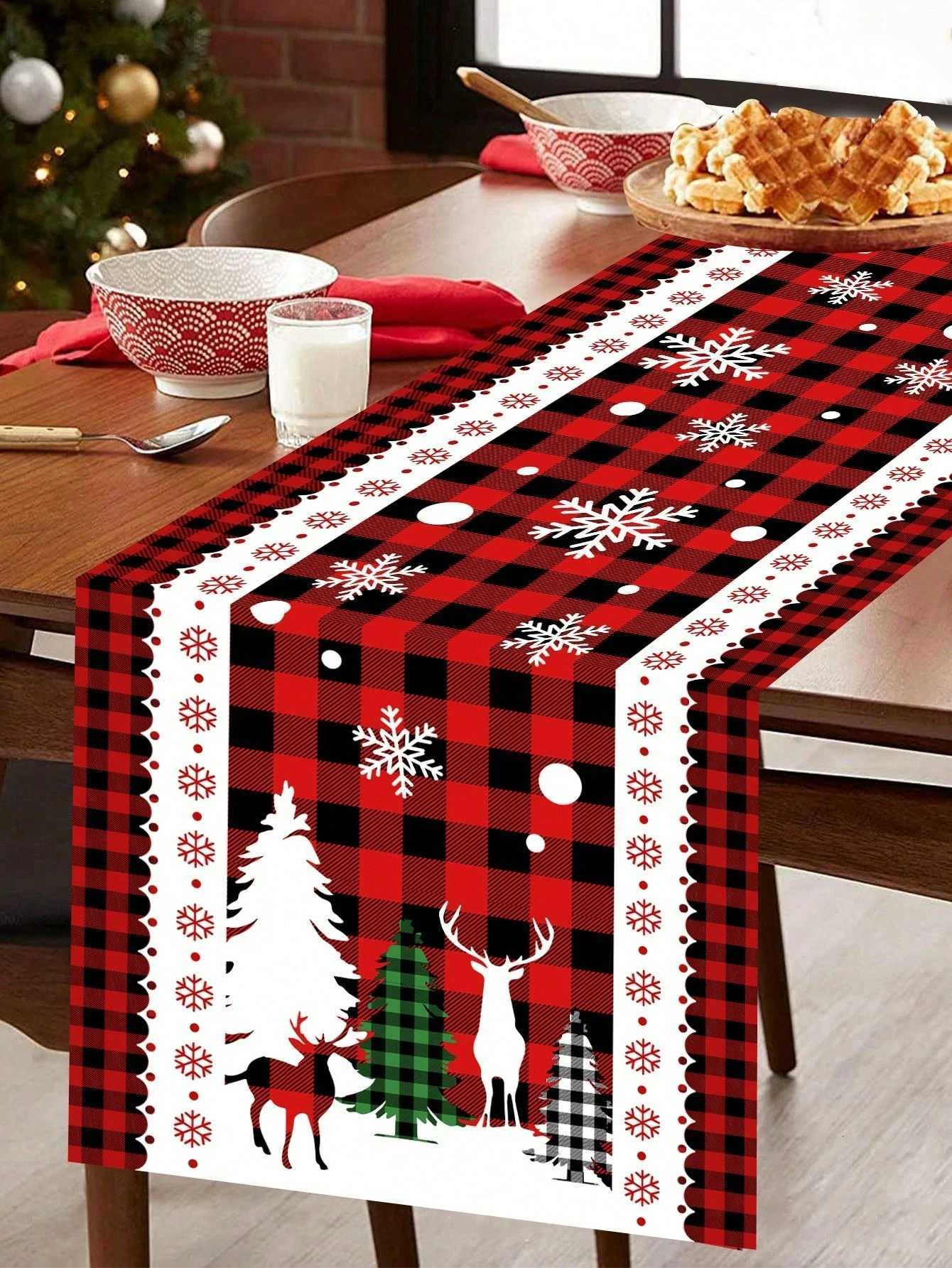 Christmas JIT Plaid Christmas Table Runner Snowflake Deer Patterned for Holiday Dining Table Decoration Warm Festive Home Decor Quality Y251113