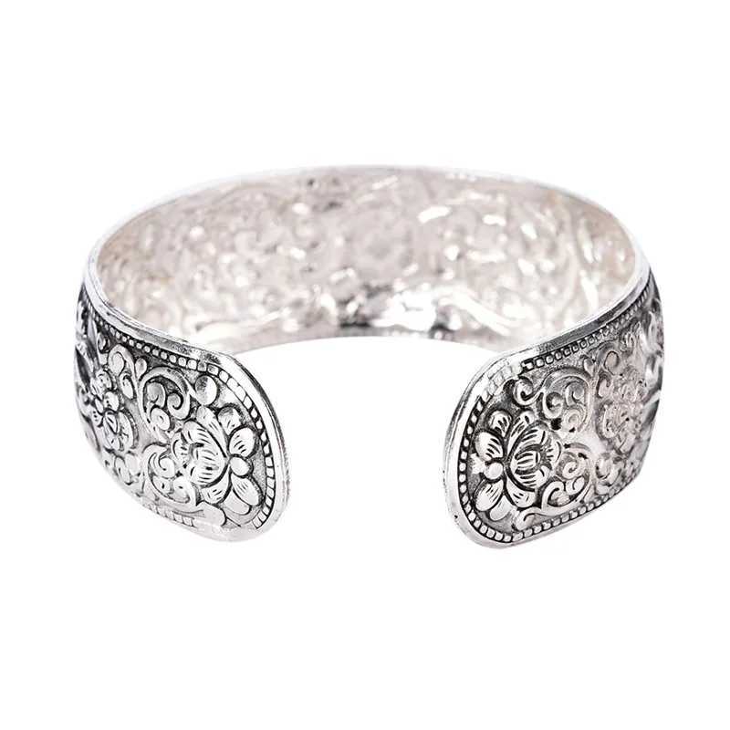 New Tibetan Silver Totem Bangle Carved Lucky Flower Bangle Cuff BraceletC250411