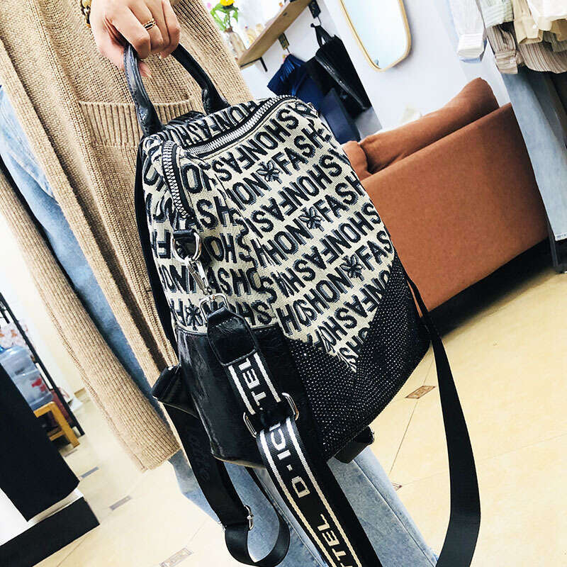 Backpack 17-43 Kuerduo Canvas Backpack for Women Alphabet Embroidered Hot Diamond Commuter Backpack, Niche Travel Bag