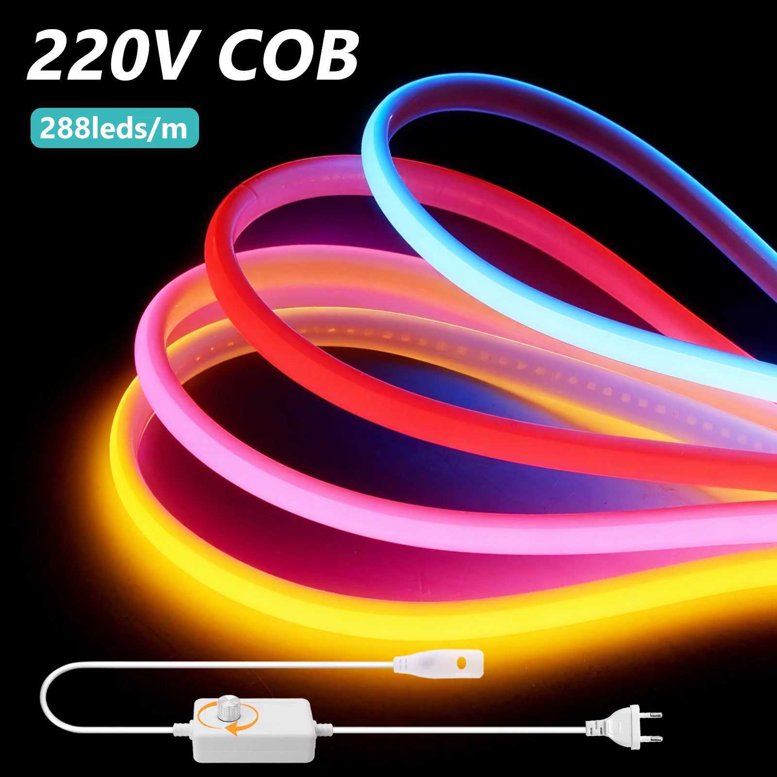 220V COB LED Light Strip IP65 Waterproof Ribbon Tape With EU Dimmer Switch Plug Flex FOB Neon Strips For Home Garden Lighting W251112