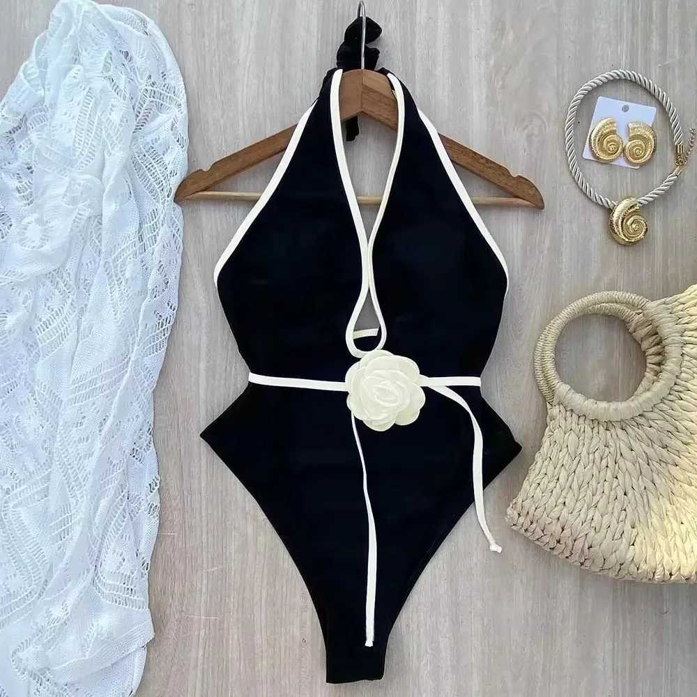 Floral One Piece Swimsuit 2025 New Halter Bandage Swimwear Women Swimsuit Bathing Suit Beachwear Monokini Female Swimming SuitsW251113