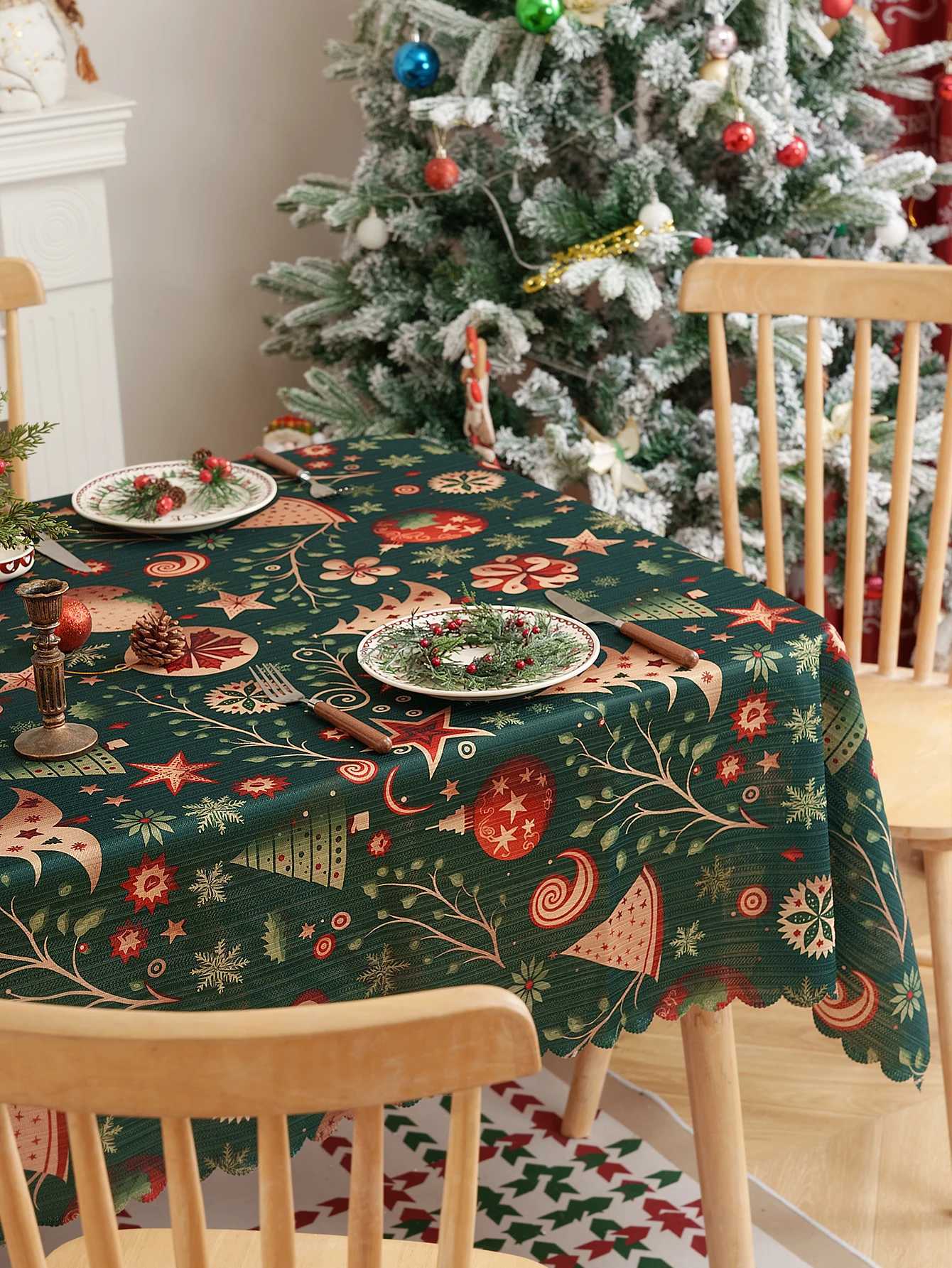 Christmas American Style Christmas Tree Print Tablecloth Green Background Christmas Party Tablecloth Non-Slip Decorative Dining Table Deco Y251113
