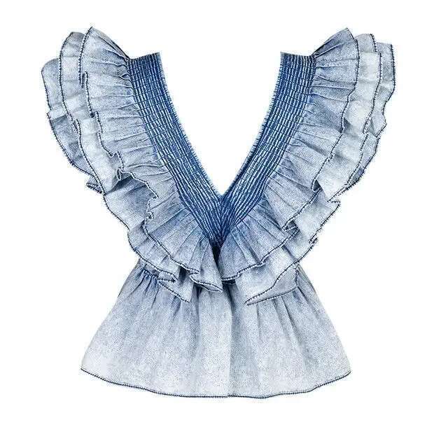 Women V-Neck Ruffled Denim Sleeveless Shirts High Waist Summer Lotus Multi-Layers Pleated Blouse Folds Crop Tops Blusas Mujer
