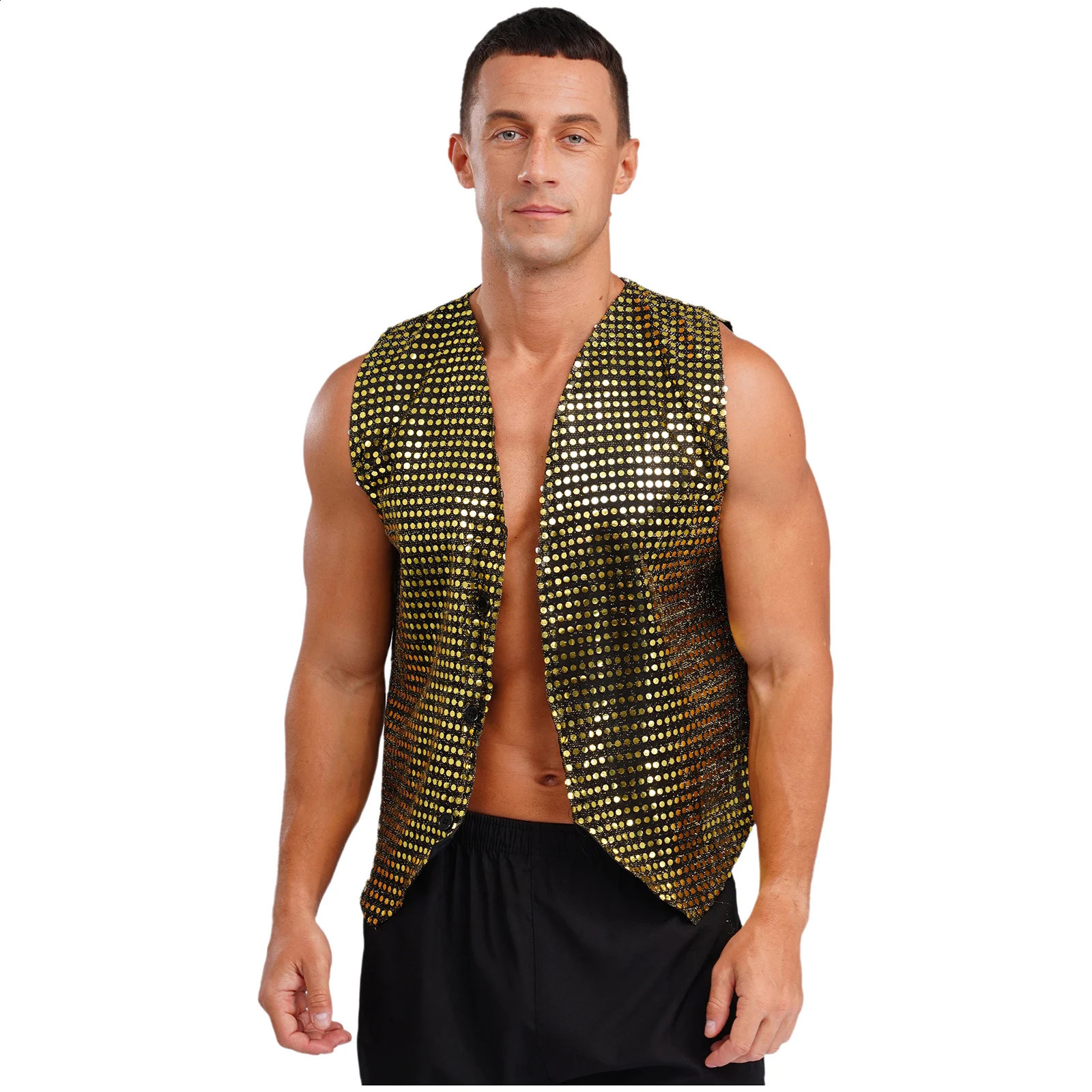Mens Sparkling Sequin Vest Tops Sleeveless V Neck Button-Up Sequins Solid Color Vest for Clubwear Stage Performance 250407