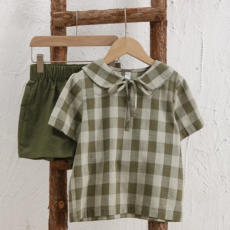 Retro Cotton Linen Green Plaid Shirt For Girls Summer Japanese Children College Style Tie Doll Collar Short-Sleeved T-Shirts 250411