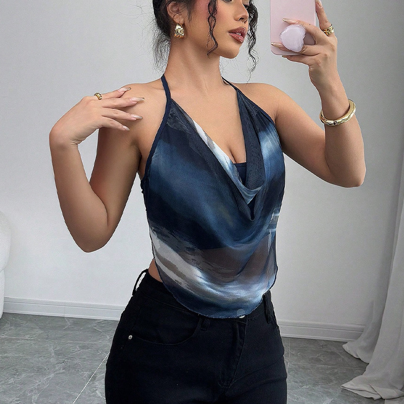 Womens clothing 2025 summer sexy style suspender mesh hanging neck vest for women