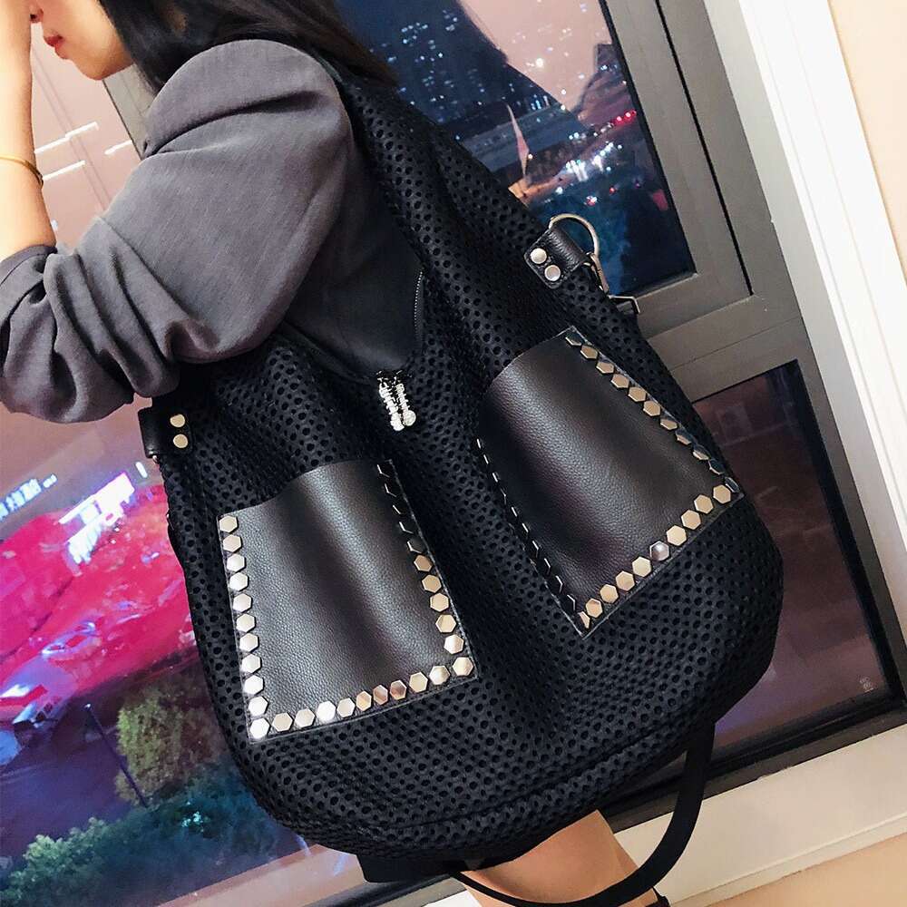 Backpack High end Trendy New Women's Personalized Mesh Single Shoulder Genuine Leather Big Handle Bag