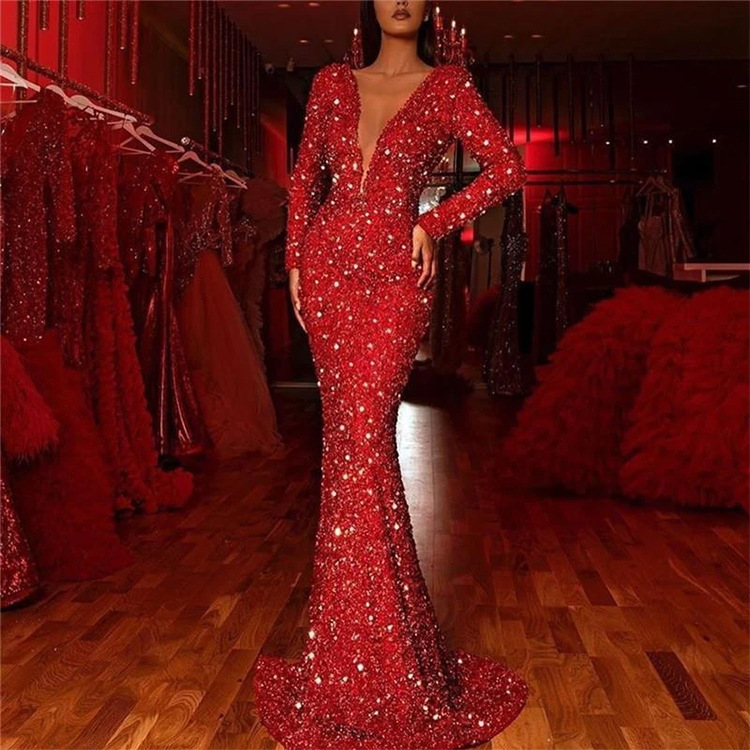 2025 Spring New Womens Bag Hip Dress with Fish Tail Edge Red Glitter Long Sleeve V-neck Dress