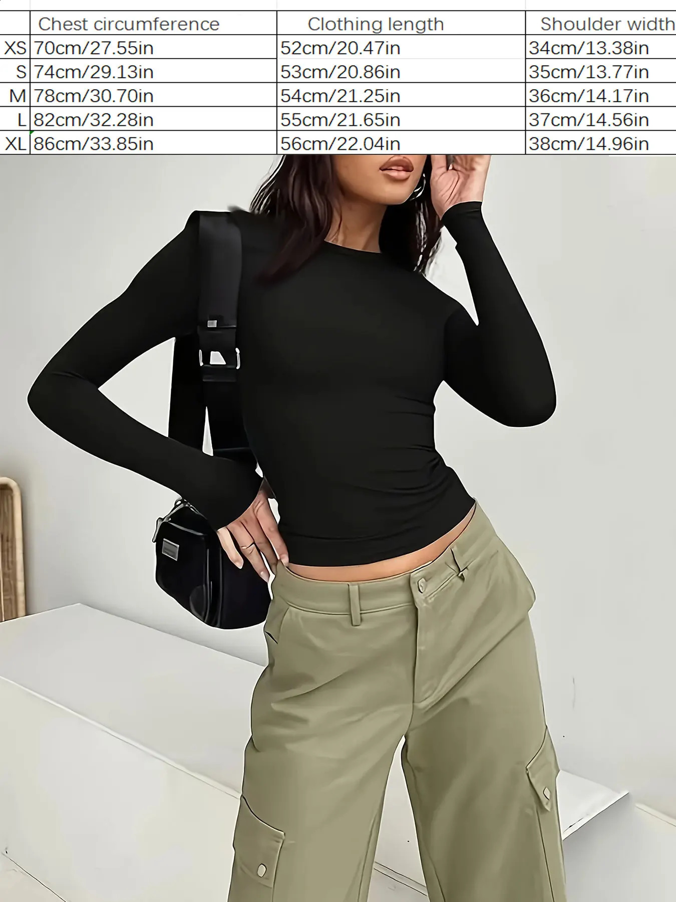 Womens commuting leisure womens simple and fashionable solid color long sleeved Tshirt 250407