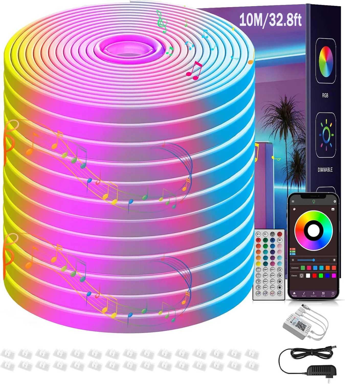 10M-328ft LED RGB Neon Flexible Light Strip DC24V Bluetooth Music Sync IP65 Waterproof Can Cut Silicone Strip For Swimming pool W251112
