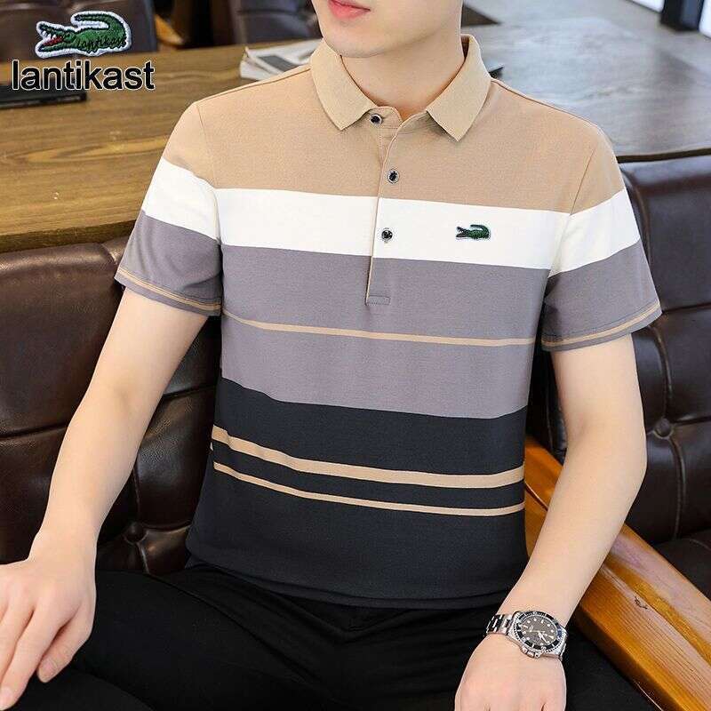 Noble Crocodile 2025 New Summer Short Turn-Down Collar Polo Shirt Men's Trendy designer handbag Striped Half Sleeve T-Shirt Pure Cotton