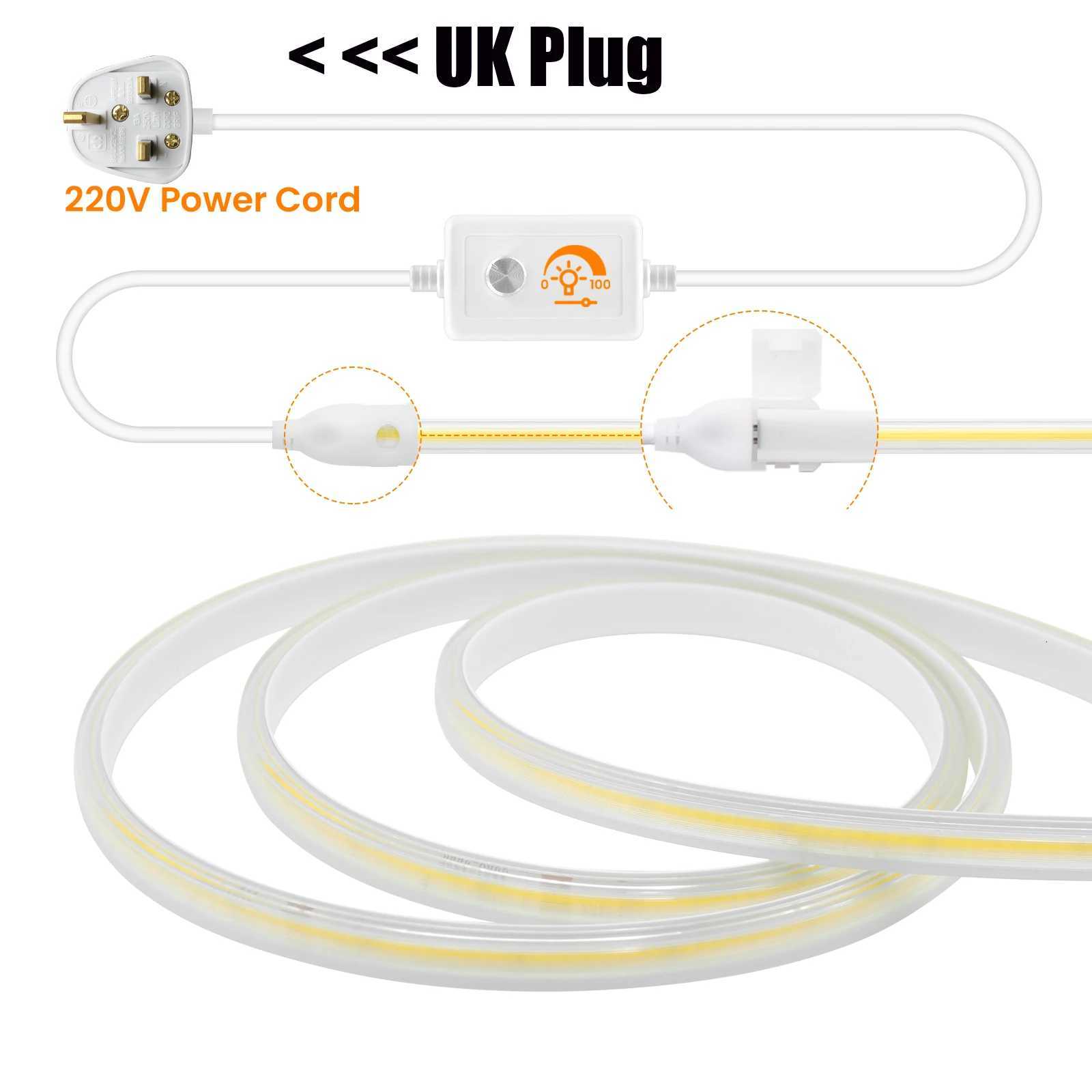 AC 220V Dimmerable COB Strip With EU/UK Dimmer Plug Waterproof White 3000K 4000K 6000K Home Decor Flexible LED Light 1M-35M W251112