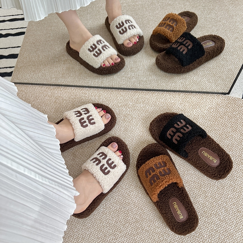 Designers new autumn and winter plush fashionable letter home cotton slippers for women wearing thick soled plush slippers 36-41