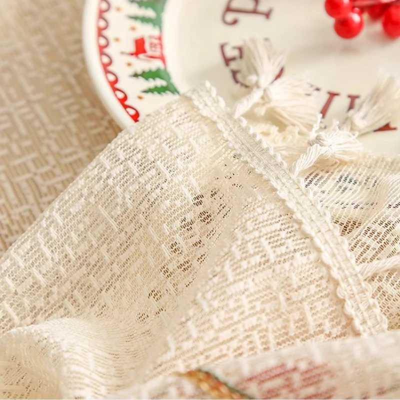 Christmas Beige Lace Flower Tablecloth Santa Claus Embroidery Gauze Tablecloth Rectangular Party Picnic Dinner Decoration Tablecloth Y251113