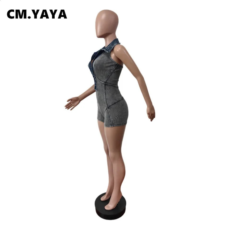 CMYAYA Womens Knitted Ribbed Denim Splicing Work jumpsuit 2025 Summer Chic Strap Fashion Jeans 250411