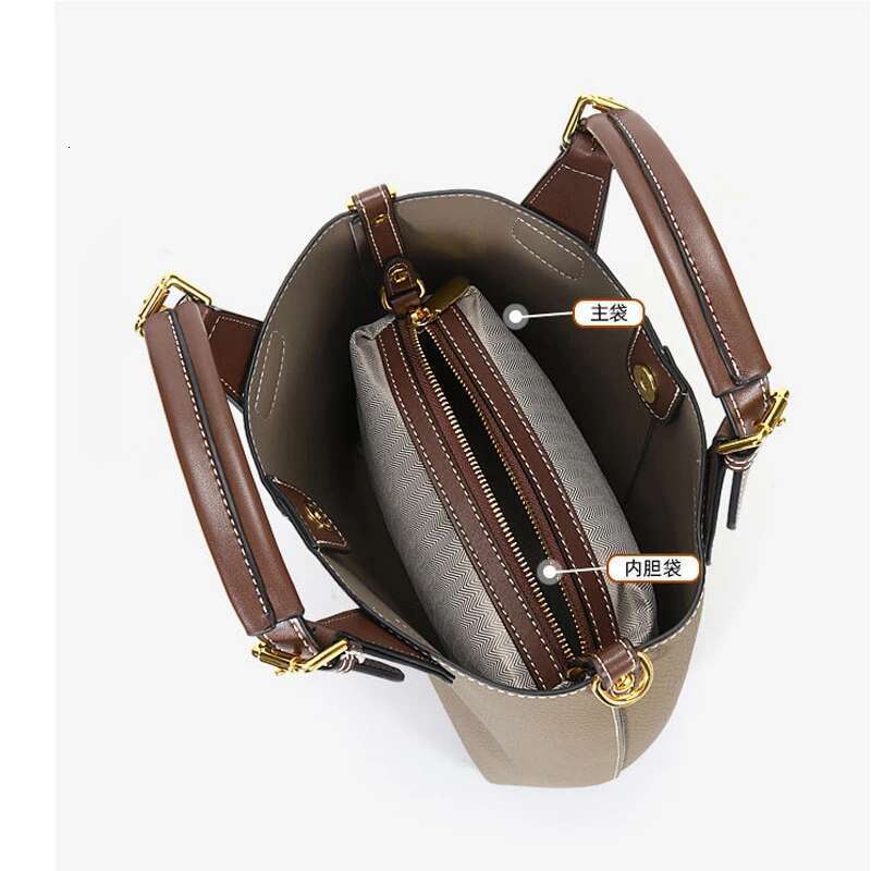 Vintage Black Gray Large Bucket First Layer Cow Leather Women Handbag High Quality Panelled Handle Tote Ladies Shoulder Bag