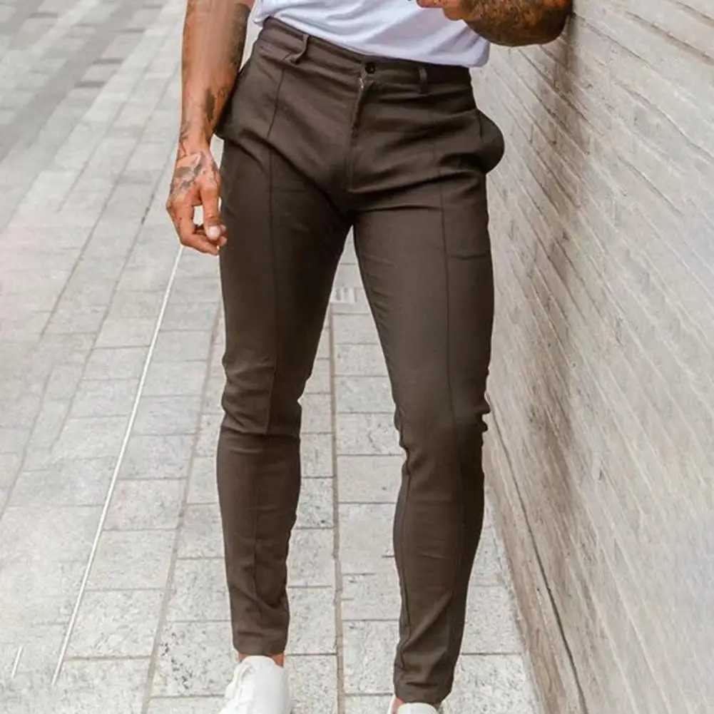Adjustable waist pants for mens slim fit solid color business pants breathable mid waist ankle length soft and comfortableXJ250412