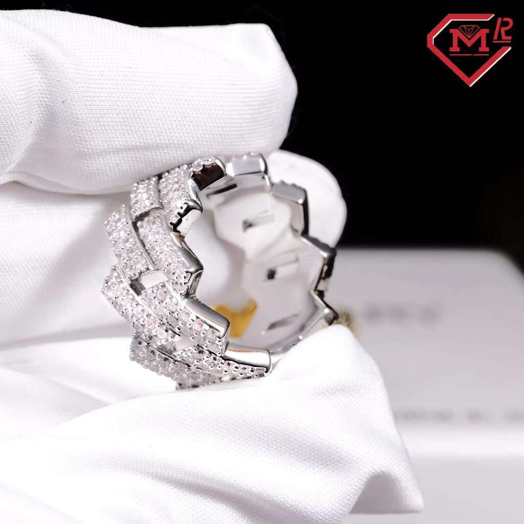 Hot Selling Mens Prong Moissanite Ring Iced Out Hip Hop 14mm 925 Sterling Silver Vvs Moissanite Cuban Ring