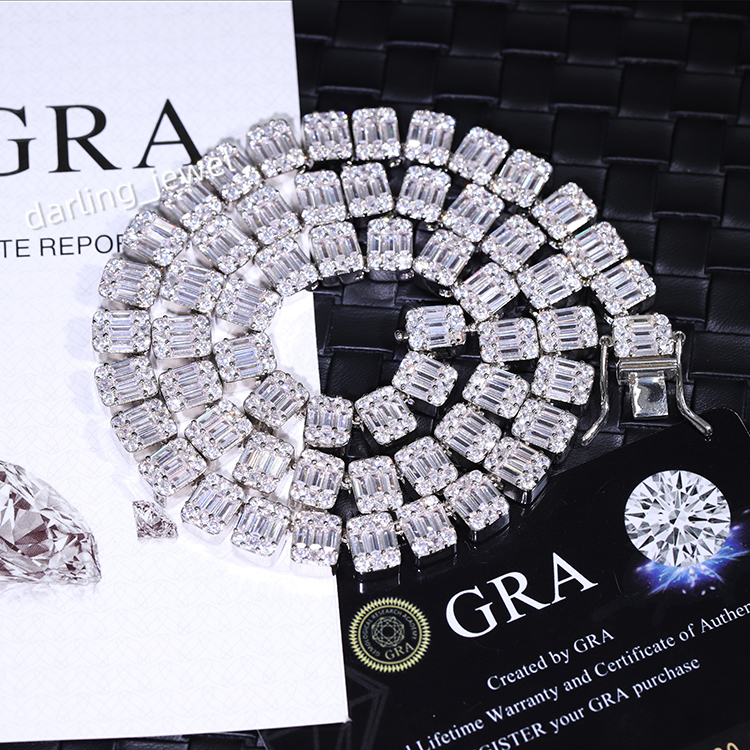 Fashion Design Solid Silver 9mm Wide GRA Baguettes Moissanite Diamond Iced Out Necklace Cuban Link Chain for Hiphop Rapper Life