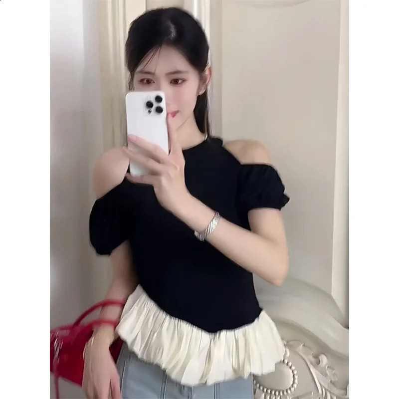 Womens summer fashion trend camisole patch work ruffled edges Oneck shoulder short sleeved womens fully matched clothing looks very thin 250407