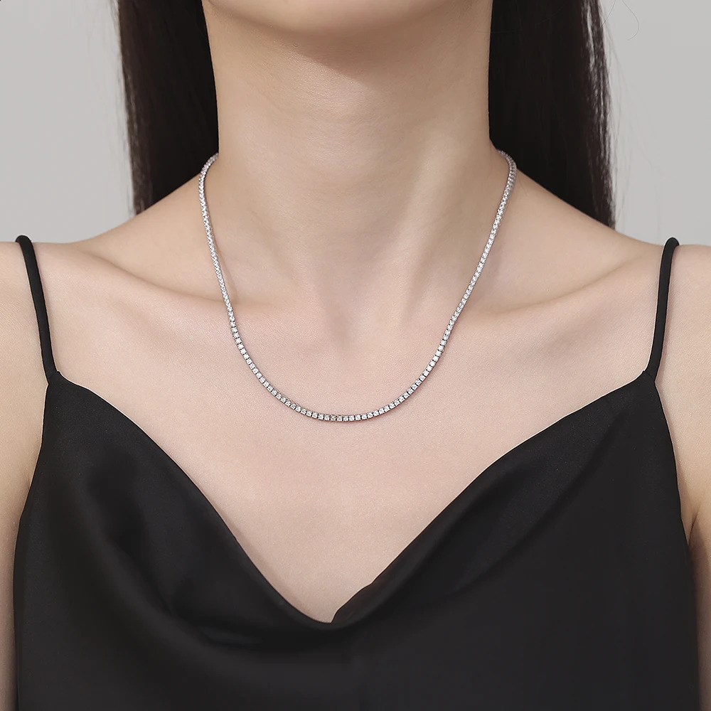 41/42/43cm16/17 Inch Real 925 Sterling Silver 2 mm Zircon Tennis Chain Necklace Women Engagement Wedding Choker Fine Jewelry 250407
