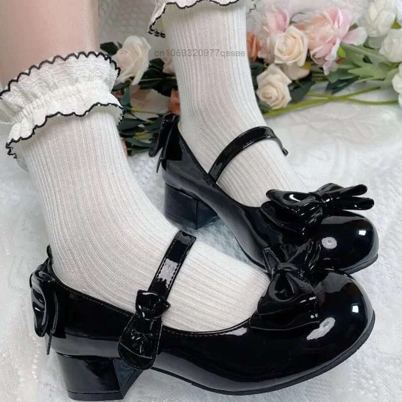 2024Lolita Style Cute Round Head Jane Pumps With Bow Women's Sweet Party Dress Midi Heels Shoes Fashion PU Sandals