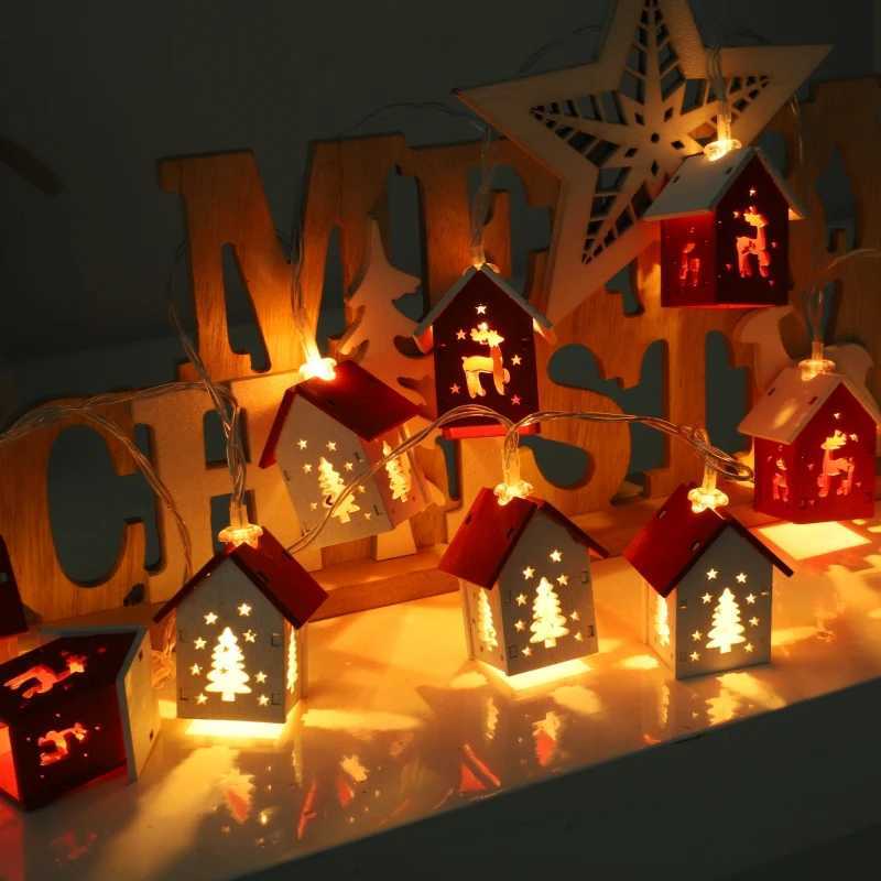 Cute Mini Christmas Wooden House Shaped String Lights Wood House LED Fairy Lamp Xmas Tree Hanging Lights for Christmas Home Noel M251113