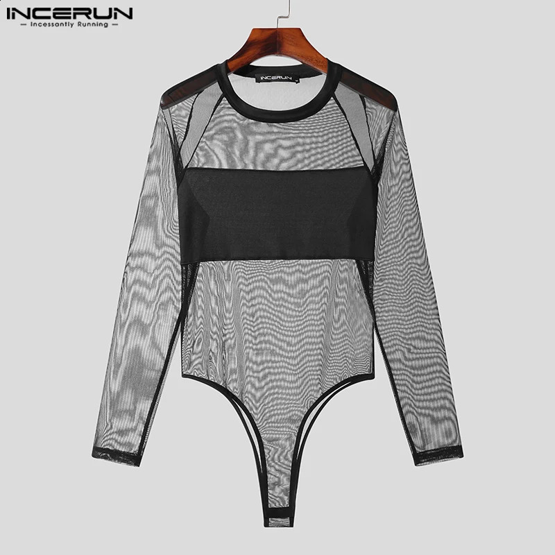 Mens tight fitting clothes with mesh splicing O-neck long sleeved sexy jumpsuit mens T-shirt fitness transparent fashion tight fitting clothes INCERUN