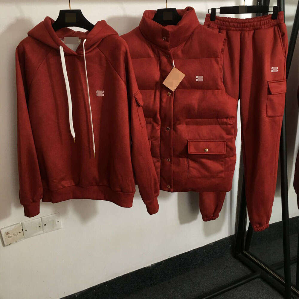 Designer clothing 2024 new warm three piece set with drawstring waistband vest+long sleeved hoodie+workwear pocket casual pants