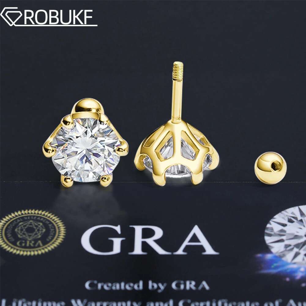 18K Gold Plated 0.2-2ct Moissanite Stud Earrings for Women Men S925 Silver 6 Claws Screw Ear Studs Fine Jewelry with Certificate
