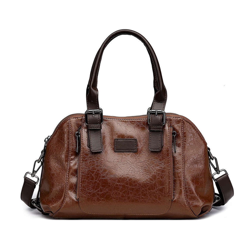 Fashionable handbag, shoulder, crossbody, oil wax three-layer leather, large capacity women's bag, single