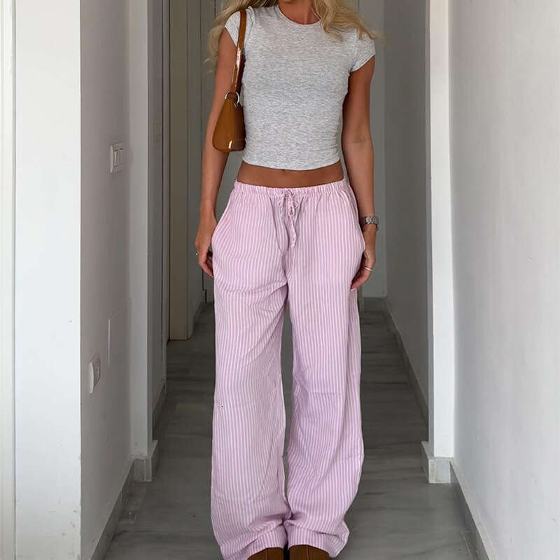 Women's striped patchwork contrasting high waisted drawstring loose straight woven fashionable casual comfortable pants