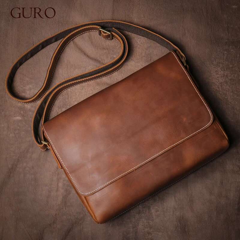 GURO Men's High Quality Genuine Leather Shoulder Vintage Flap Crazy Horse Cowhide Messenger Bag Daily Casual Crossbody Bags