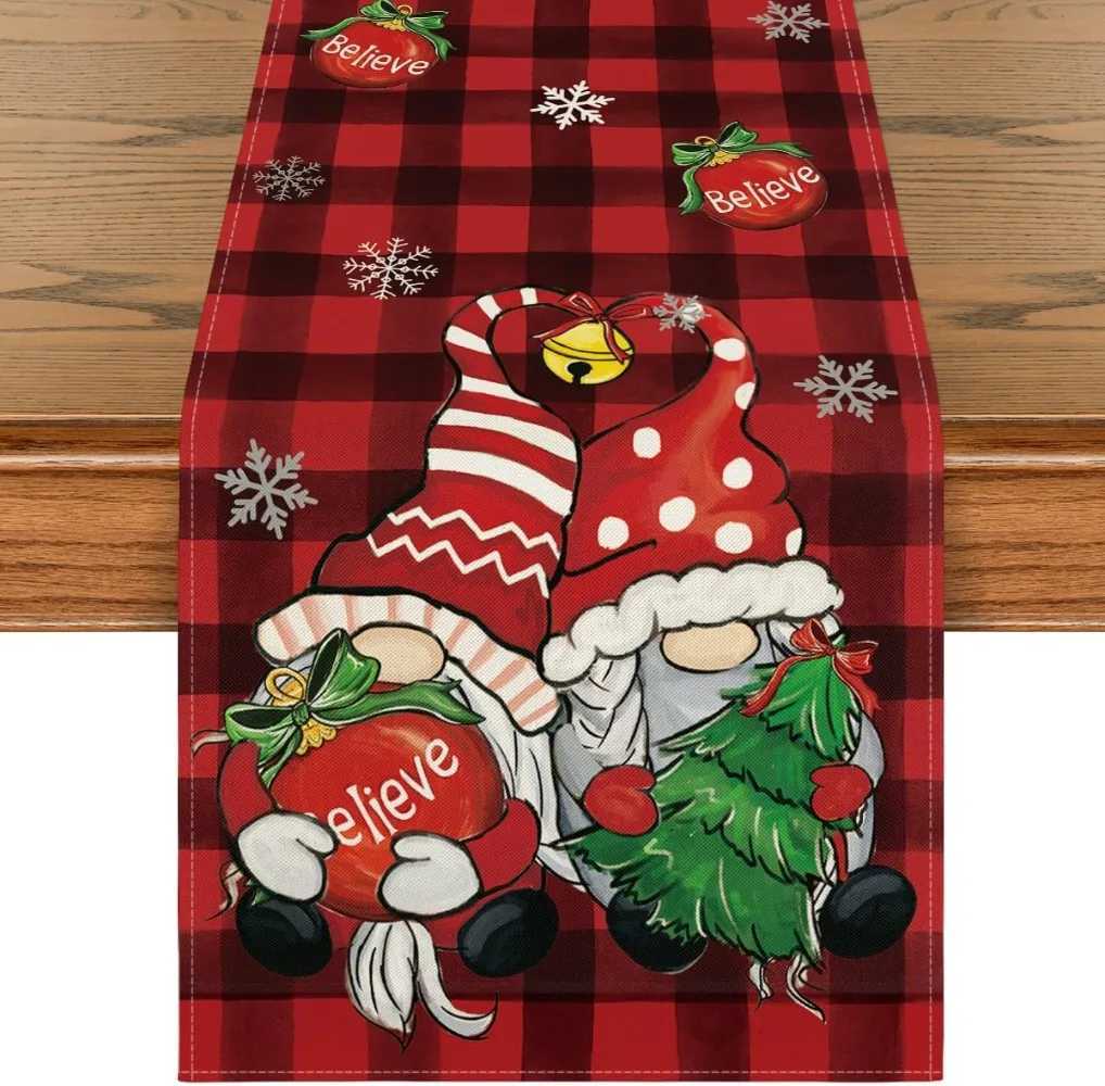 Christmas Artoid Mode Red and Black Buffalo Plaid Gnome Believe Snowflakes Christmas Table Runner Seasonal Winter Holiday Kitchen Dining Y251113